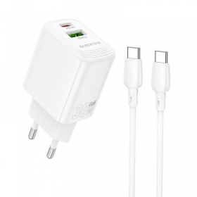 Caricabatterie per telefono Borofone BN29 30 W USB-C + USB-A con cavo USB-C 1 m bianco