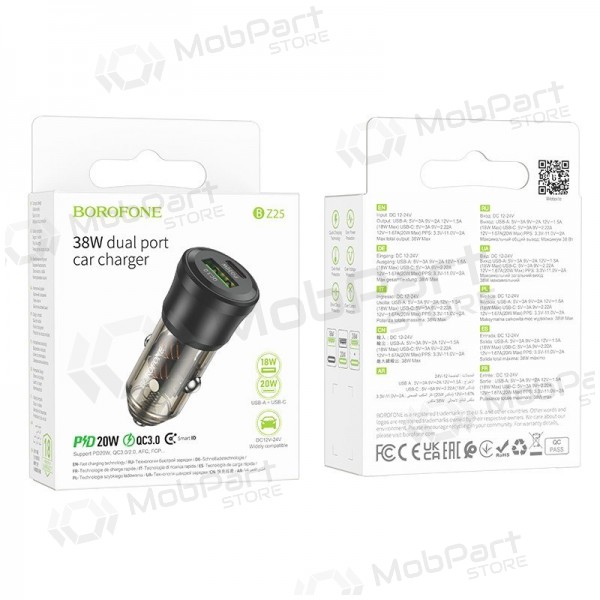 Caricabatterie da auto Borofone BZ25 38 W USB-C + USB-A PD QC nero