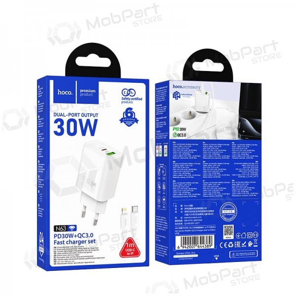 Caricabatterie per telefono Hoco N63 30 W GaN USB-C + USB-A con cavo Lightning da 1 m bianco
