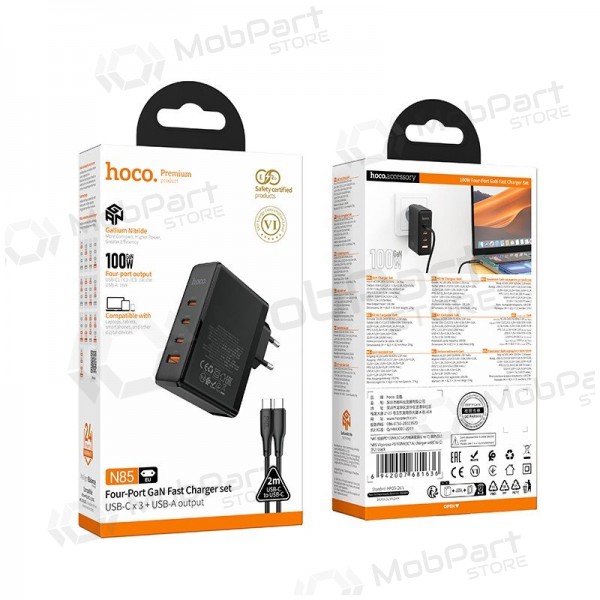 Caricabatterie di rete Hoco N85 100 W 3x USB-C + USB-A con cavo USB-C 2 m nero