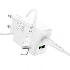 Caricabatterie per telefono Hoco N71 30 W GaN USB-C + USB-A con cavo Lightning da 1 m bianco