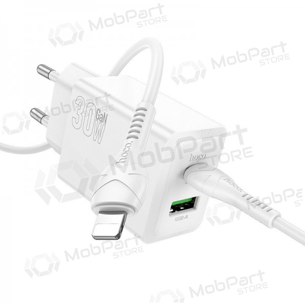 Caricabatterie per telefono Hoco N71 30 W GaN USB-C + USB-A con cavo Lightning da 1 m bianco