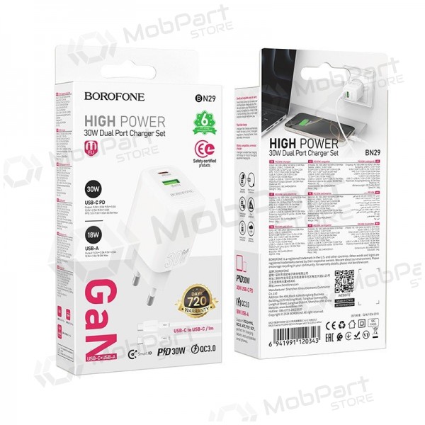 Caricabatterie per telefono Borofone BN29 30 W USB-C + USB-A con cavo USB-C 1 m bianco