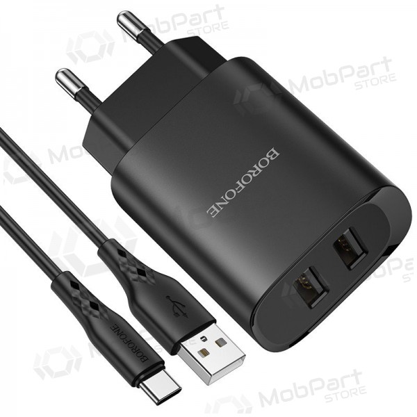 Caricatore Borofone BN2 2xUSB 2.1A + USB Type-C (nero)