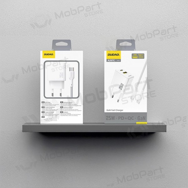 Caricabatterie per telefono Dudao A26TC 25 W GaN USB-C + USB-A con cavo USB-C da 1 m bianco