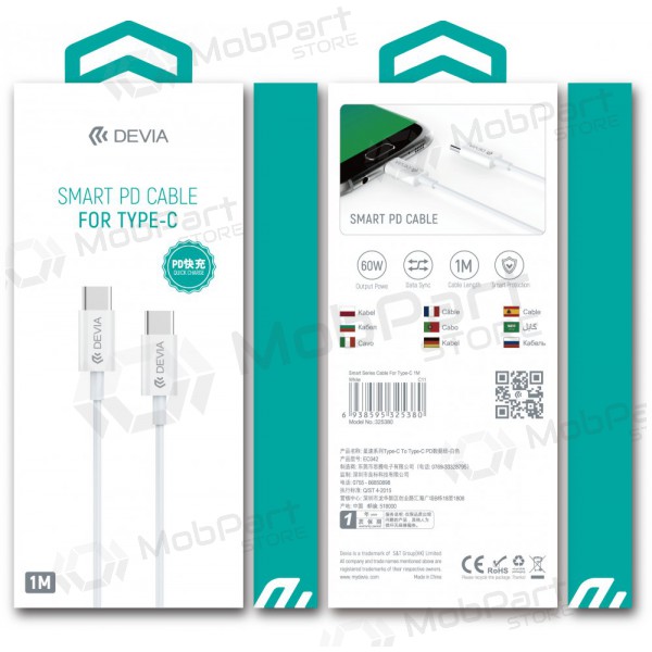 Cavo USB Devia Smart PD Type-C - Type-C 20V 3.0A 60W (bianco)
