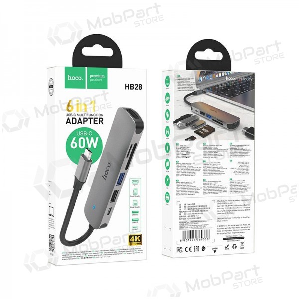 Adattatore USB-C Hoco HB28 USB-C a HDMI + USB 3.0 + USB 2.0 + SD + TF + PD grigio