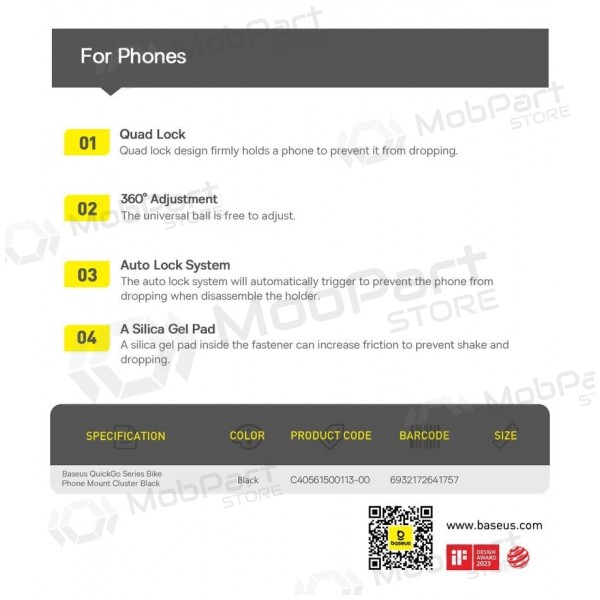 Supporto per telefono per bicicletta, moto e scooter elettrico Baseus QuickGo Series sul manubrio 5.7–7.2