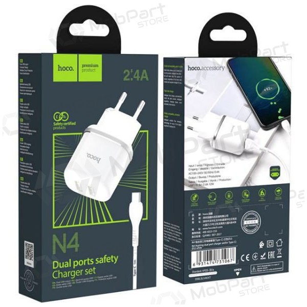 Caricatore HOCO N4 Aspiring Dual USB + type-C cavo (5V 2.4A) (bianca)