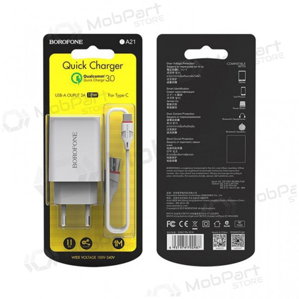 Caricatore BOROFONE BA21A Long journey QC3.0 USB + Type-C cavo 18W (3.6V-6.5V/3A, 6.6V-9V/2A, 9.1V-12V/1.5A) (bianca)