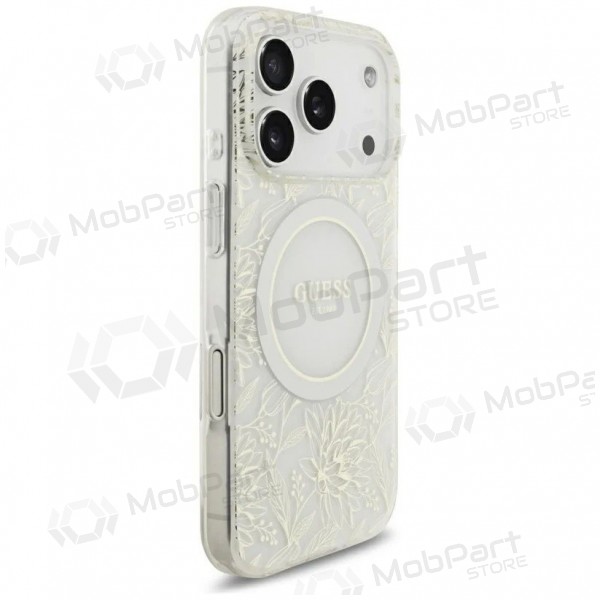 Custodia per Apple iPhone 18 Pro - Guess IML Flowers Allover Strap MagSafe (bianca)