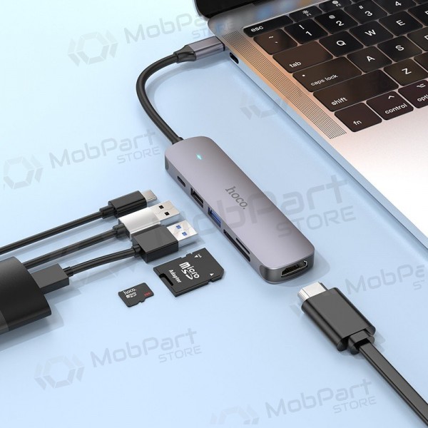 Adattatore USB-C Hoco HB28 USB-C a HDMI + USB 3.0 + USB 2.0 + SD + TF + PD grigio