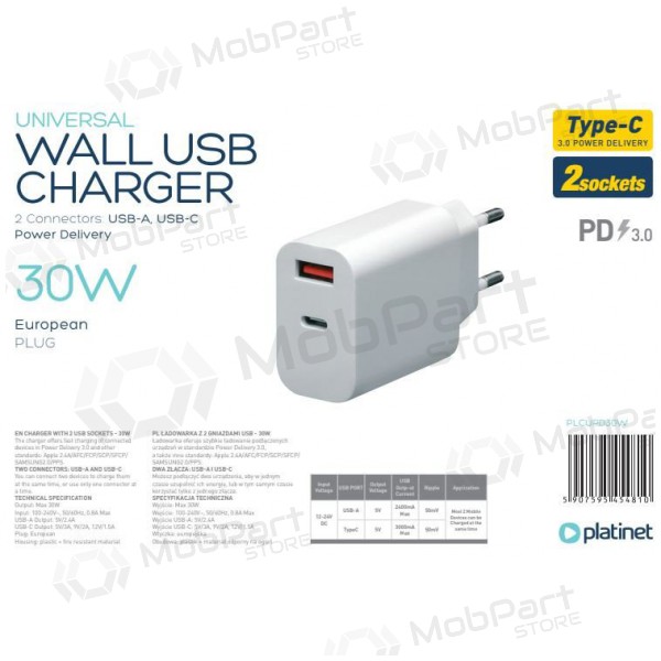 Platinet QuickCharge Type-C+USB 2.4A (30W) caricatore