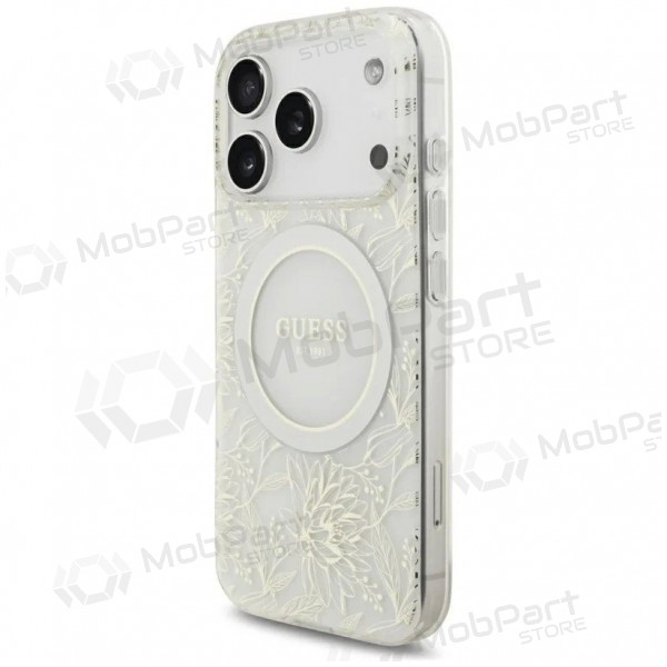 Custodia per Apple iPhone 18 Pro - Guess IML Flowers Allover Strap MagSafe (bianca)