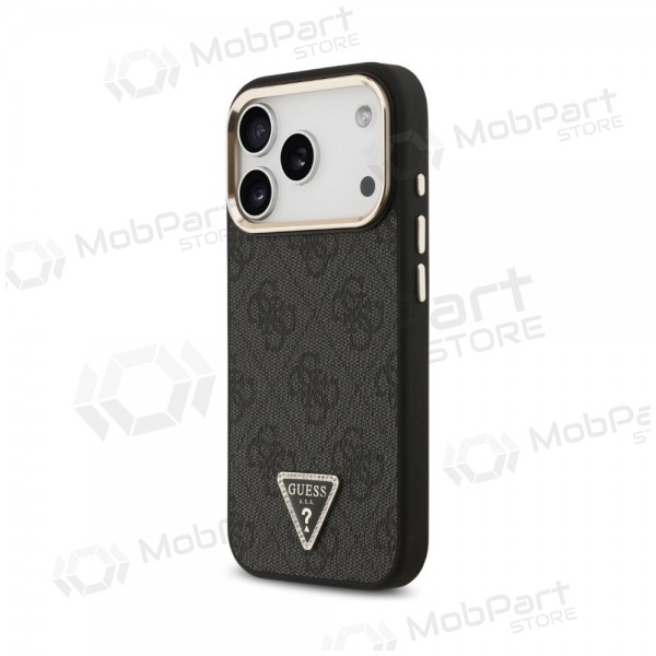 Custodia per Apple iPhone 18 Pro Max - Guess PU Leather 4G Strass Triangle Logo Gold Frame MagSafe (nero)