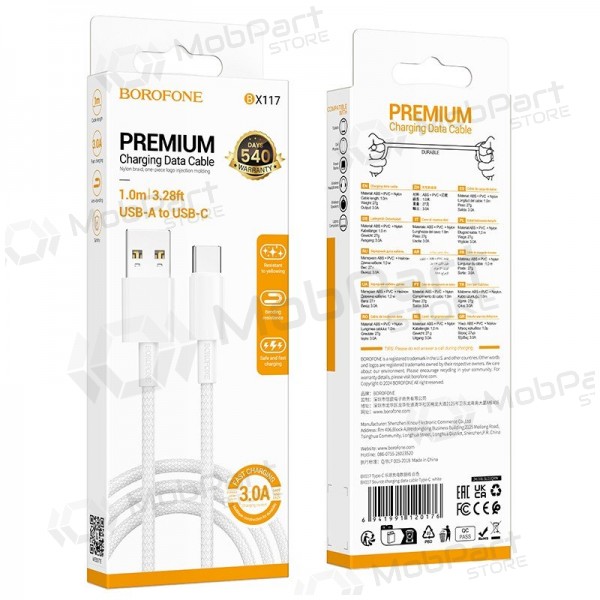 Cavo USB-C Borofone BX117 da USB-A a USB-C 1 m bianco.
