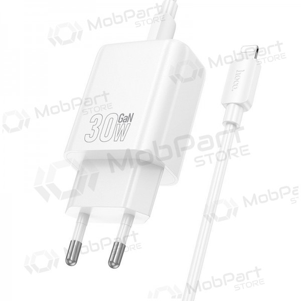 Caricabatterie per telefono Hoco N63 30 W GaN USB-C + USB-A con cavo Lightning da 1 m bianco