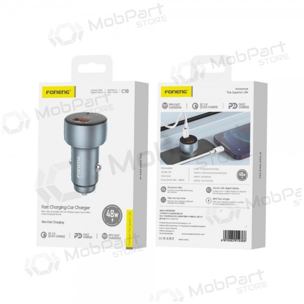 Caricabatterie da auto Foneng C18 48 W USB-C + USB-A grigio