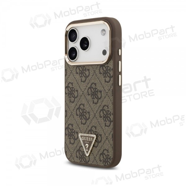 Custodia per Apple iPhone 18 Pro - Guess PU Leather 4G Strass Triangle Logo Gold Frame MagSafe (marrone)