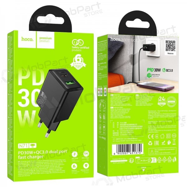 Caricabatterie per telefono Hoco N71 30 W GaN USB-C + USB-A nero