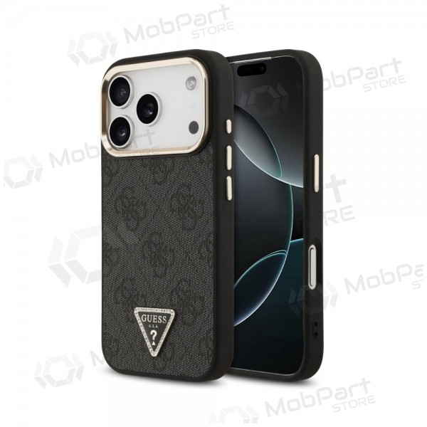 Custodia per Apple iPhone 18 Pro - Guess PU Leather 4G Strass Triangle Logo Gold Frame MagSafe (nera)