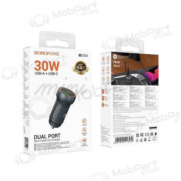 Caricabatterie da auto Borofone BZ32A 30 W USB-C + USB-A grigio