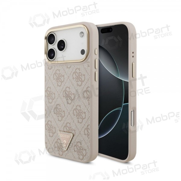 Custodia per Apple iPhone 18 Pro - Guess PU Leather 4G Strass Triangle Logo Gold Frame MagSafe (rosa)