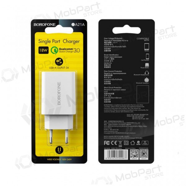Caricatore BOROFONE BA21A Long journey QC3.0 USB 18W (3.6V-6.5V/3A, 6.6V-9V/2A, 9.1V-12V/1.5A) (bianca)