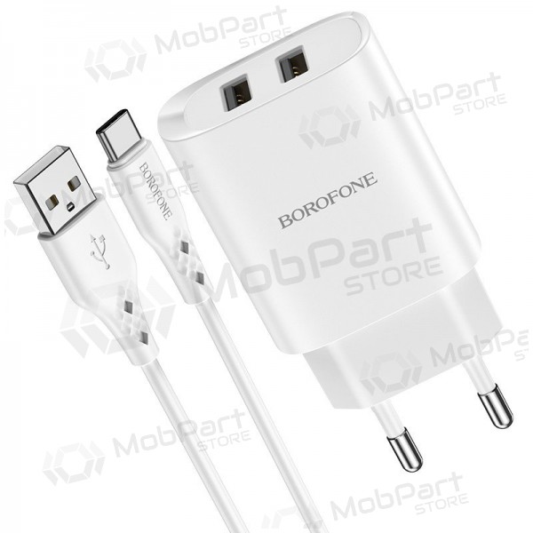 Caricatore Borofone BN2 2xUSB 2.1A + USB Type-C (bianca)