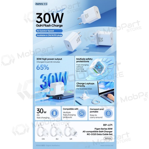 Caricabatterie per telefono Remax RP-U71 30 W GaN USB-C con cavo USB-C 1 m bianco