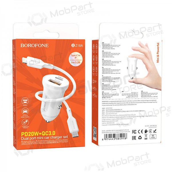 Caricatore automobilinis Borofone BZ18A USB-A/Type-C PD20W+QC3.0 + Lightning (bianca)