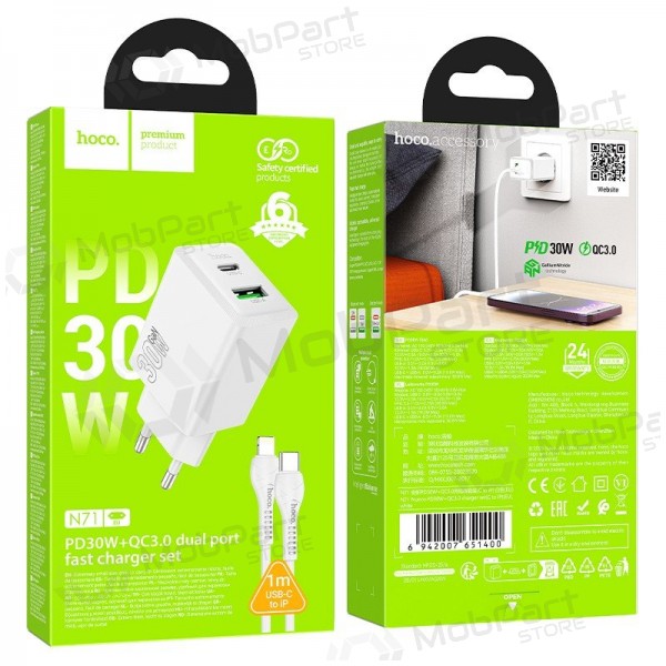 Caricabatterie per telefono Hoco N71 30 W GaN USB-C + USB-A con cavo Lightning da 1 m bianco