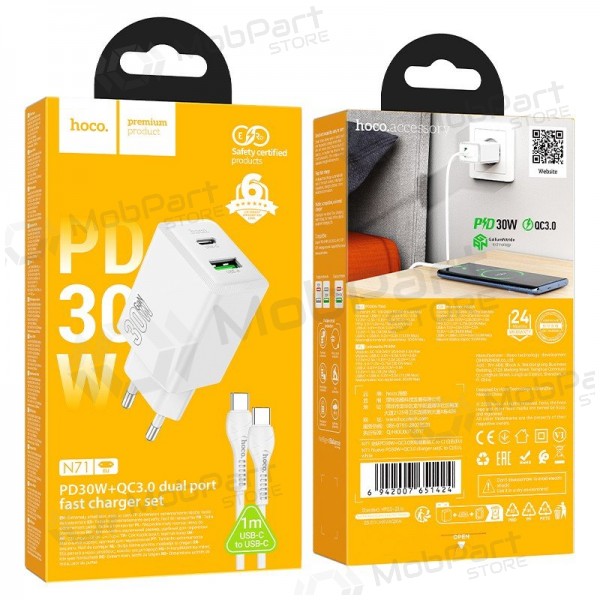 Caricabatterie per telefono Hoco N71 30 W GaN USB-C + USB-A con cavo USB-C 1 m bianco