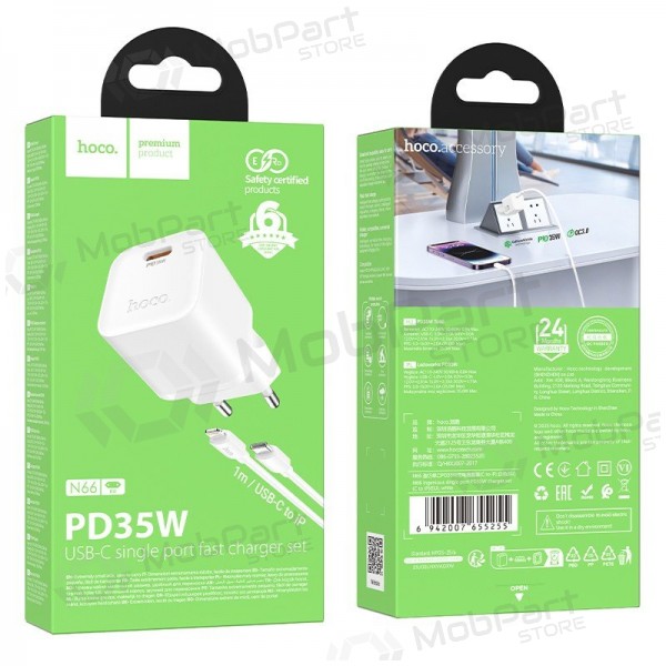 Caricabatterie per telefono Hoco N66 35 W GaN USB-C + USB-A con cavo Lightning 1 m bianco