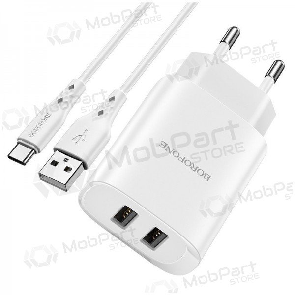 Caricatore Borofone BN2 2xUSB 2.1A + USB Type-C (bianca)