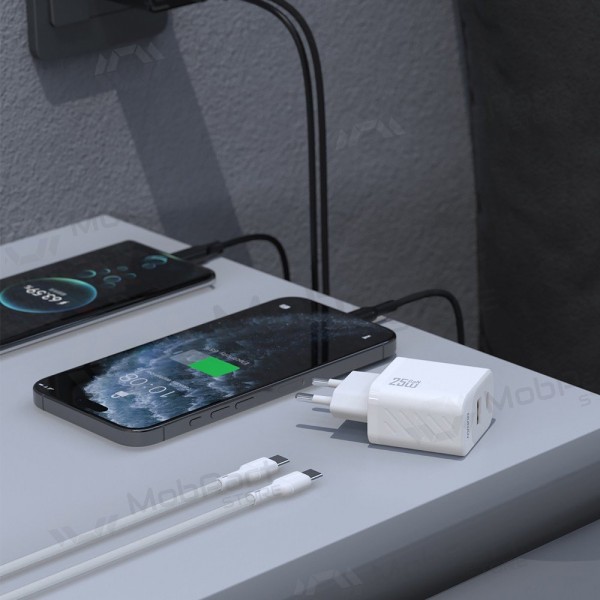 Caricabatterie per telefono Dudao A26TC 25 W GaN USB-C + USB-A con cavo USB-C da 1 m bianco