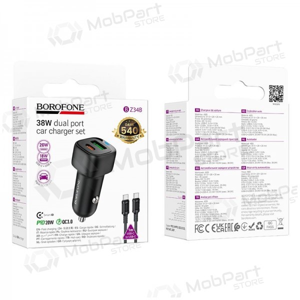 Caricabatterie da auto Borofone BZ34B 38 W USB-C + USB-A PD QC nero