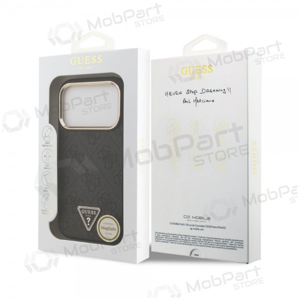 Custodia per Apple iPhone 18 Pro - Guess PU Leather 4G Strass Triangle Logo Gold Frame MagSafe (nera)