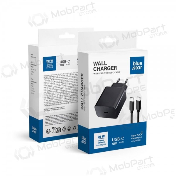 Caricabatterie per telefono Blue Star 20 W USB-C con cavo USB-C nero