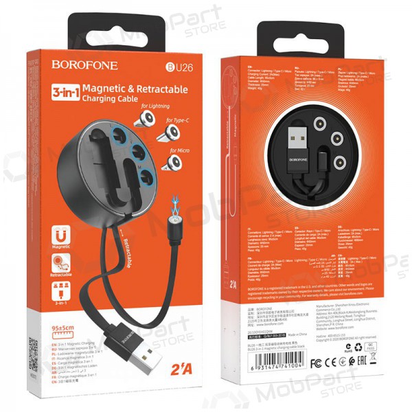 USB cavo Borofone BU26 3in1 microUSB-Lightning-Type-C magnetinic 1.0m (nero)