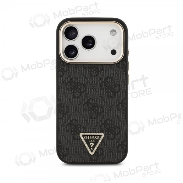 Custodia per Apple iPhone 18 Pro Max - Guess PU Leather 4G Strass Triangle Logo Gold Frame MagSafe (nero)