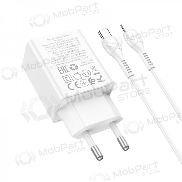Caricabatterie per telefono Hoco N71 30 W GaN USB-C + USB-A con cavo Lightning da 1 m bianco