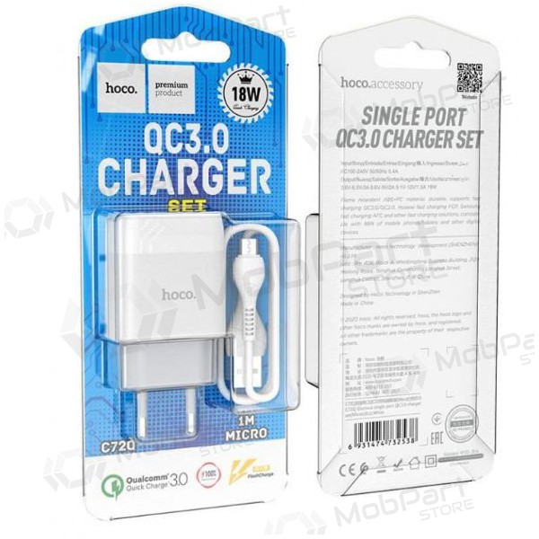 Caricatore HOCO C72Q Glorious USB + microUSB cavo (QC3.0) (bianca)