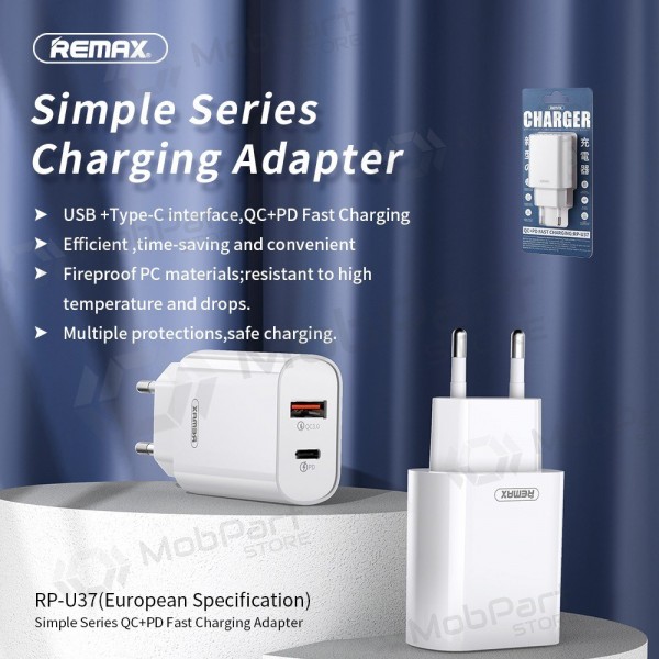 Caricabatterie per telefono Remax RP-U37 20 W USB-C + USB-A bianco