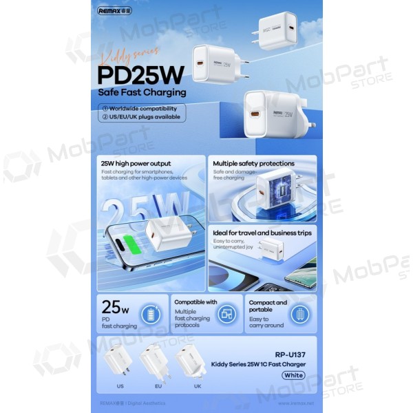 Caricabatterie per telefono Remax RP-U137 25 W USB-C bianco