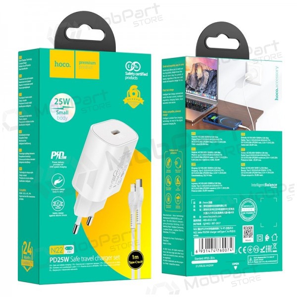 Caricabatterie per telefono Hoco N22 25 W USB-C con cavo Lightning 1 m bianco