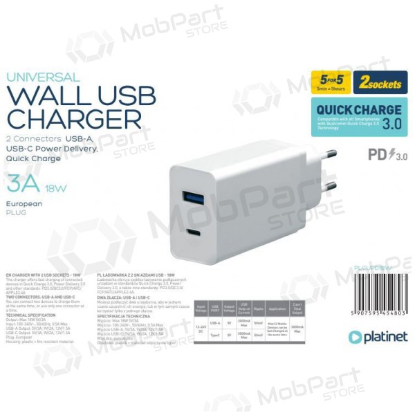 Platinet QuickCharge Type-C+USB 3.0A (18W) caricatore