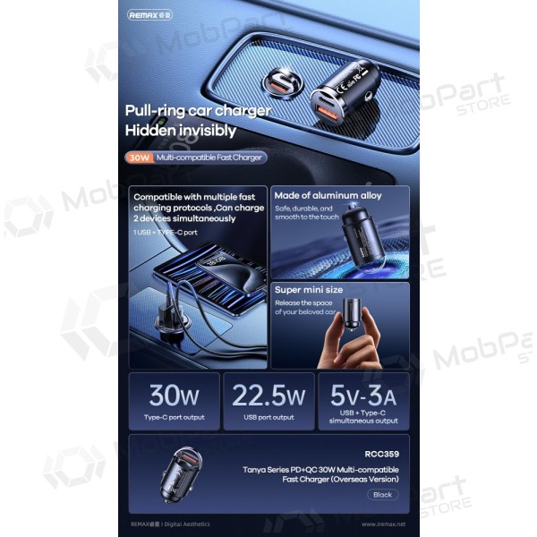 Caricabatterie da auto per telefono Remax RCC359 30 W USB-C + USB-A nero