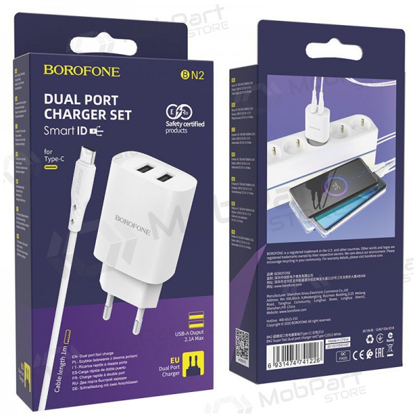 Caricatore Borofone BN2 2xUSB 2.1A + USB Type-C (bianca)