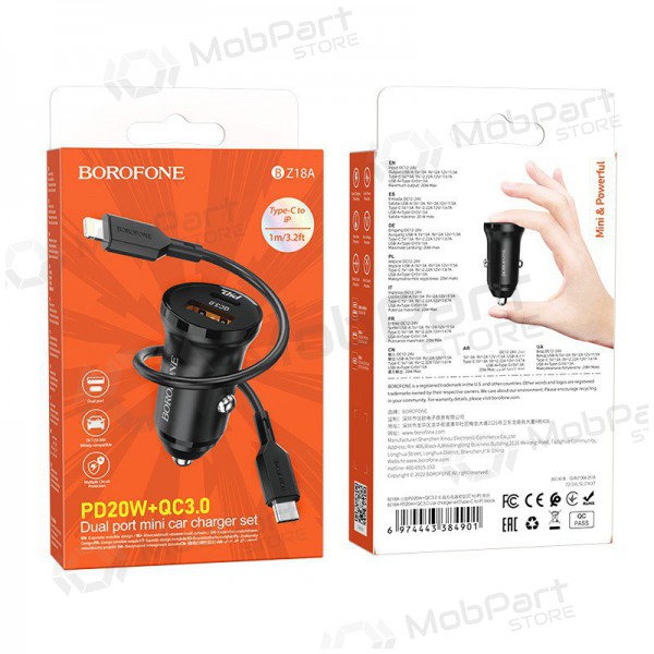 Caricatore automobilinis Borofone BZ18A USB-A/Type-C PD20W+QC3.0 + Lightning (nero)